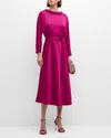 RICKIE FREEMAN FOR TERI JON BELTED FUNNEL-NECK MIDI DRESS