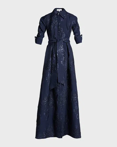 Rickie Freeman For Teri Jon Belted Jacquard Shirtdress Gown In Navy