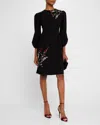 Rickie Freeman For Teri Jon Blouson-sleeve Floral Applique Crepe Dress In Black