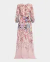 Rickie Freeman For Teri Jon Blouson-sleeve Floral-print Chiffon Gown