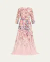 Rickie Freeman For Teri Jon Blouson-sleeve Floral-print Chiffon Gown In Pink Multi