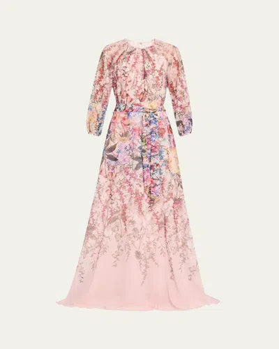 Rickie Freeman For Teri Jon Blouson-sleeve Floral-print Chiffon Gown In Pink Multi