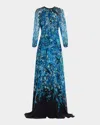Rickie Freeman For Teri Jon Blouson-sleeve Floral-print Chiffon Gown In Sapphire Multi