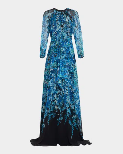 Rickie Freeman For Teri Jon Blouson-sleeve Floral-print Chiffon Gown In Sapphire Multi