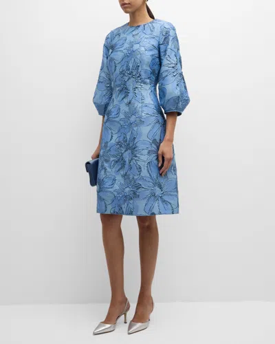 Rickie Freeman For Teri Jon Blouson-sleeve Metallic Jacquard Midi Dress In Slate Blue