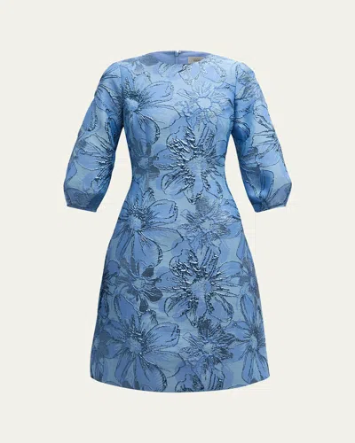 Rickie Freeman For Teri Jon Blouson-sleeve Metallic Jacquard Midi Dress In Slate Blue