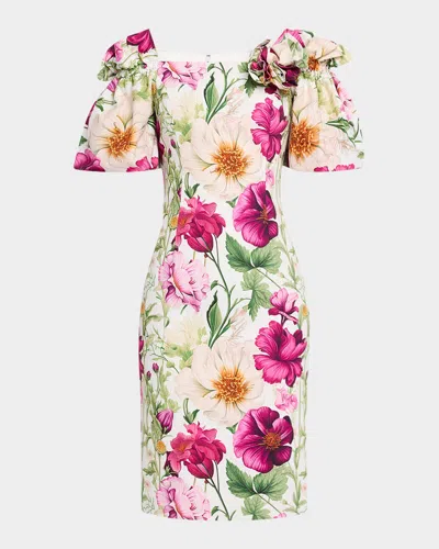 Rickie Freeman For Teri Jon Bodycon Floral-print Cotton Dress In White Mul