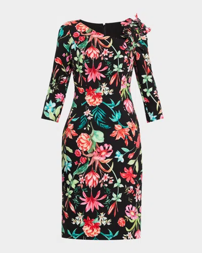 Rickie Freeman For Teri Jon Bodycon Floral-print Scuba Dress In Black