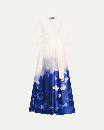 Rickie Freeman For Teri Jon Border-print Mikado Shirt Gown In White Royal