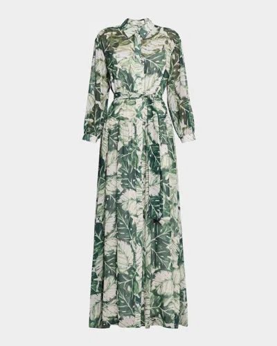 Rickie Freeman For Teri Jon Botanical-print Chiffon Shirt Gown In Green