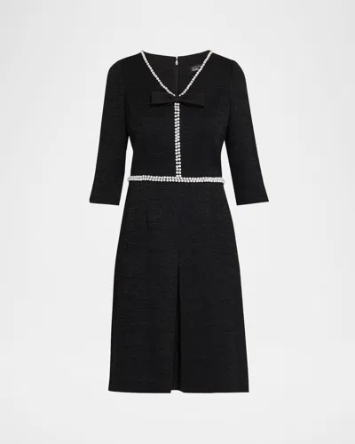 Rickie Freeman For Teri Jon Bouclé V-neck Beaded Bow Midi Dress In Black