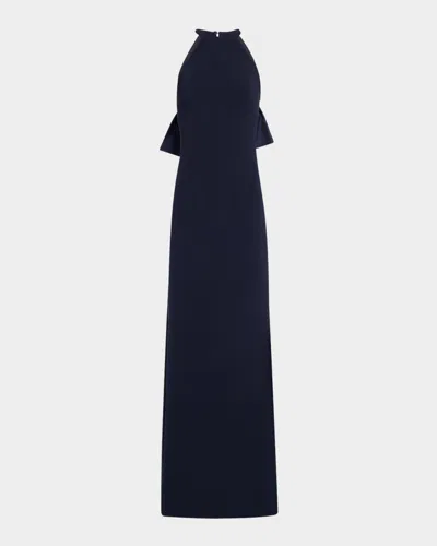 Rickie Freeman For Teri Jon Bow-back Crepe Halter Column Gown In Navy