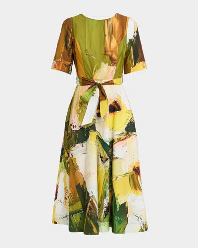 Rickie Freeman For Teri Jon Brushstroke-print Cotton Midi Dress In Multi