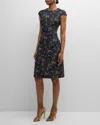 RICKIE FREEMAN FOR TERI JON CAP-SLEEVE A-LINE FLORAL JACQUARD MIDI DRESS