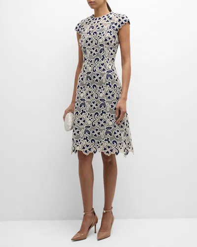 Rickie Freeman For Teri Jon Cap-sleeve Floral Lace Midi Dress In Blackwhite