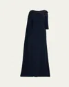 Rickie Freeman For Teri Jon Cape-sleeve Floral Applique Trumpet Gown In Navy