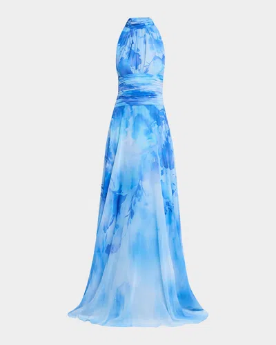 Rickie Freeman For Teri Jon Cloud-print Chiffon Halter Gown In Blue