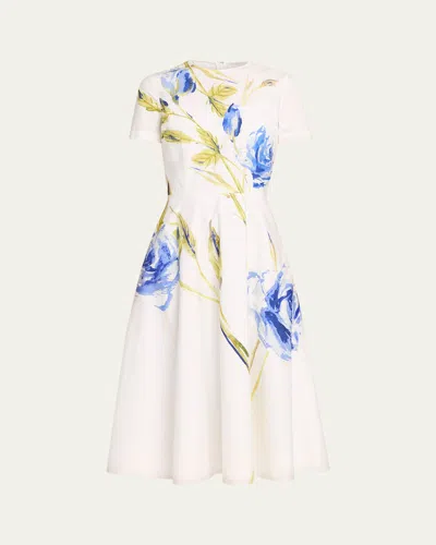 Rickie Freeman For Teri Jon Cotton Floral Print Short-sleeve Midi Dress In White