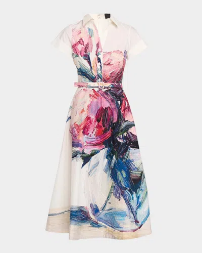 Rickie Freeman For Teri Jon Cotton Floral Short-sleeve Shirtwaist Dress In Brown