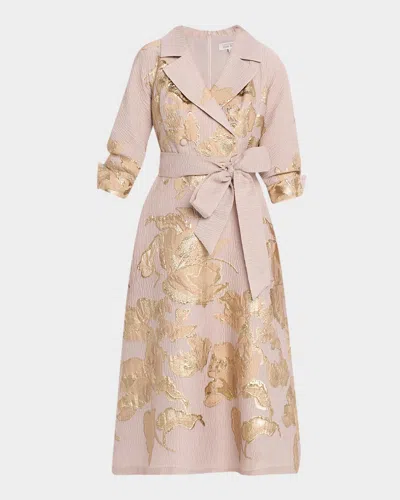 Rickie Freeman For Teri Jon Crinkled Metallic Jacquard Midi Shirtdress In Pink