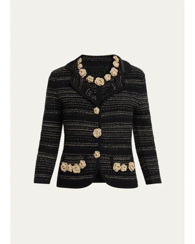 Rickie Freeman For Teri Jon Crochet Floral Applique Striped Knit Jacket In Black