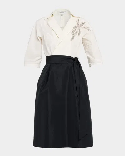 Rickie Freeman For Teri Jon Crystal-embellished Bicolor Shirtdress In White