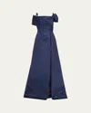 Rickie Freeman For Teri Jon One-shoulder Metallic Jacquard Trumpet Gown In Navy Multi