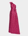 Rickie Freeman For Teri Jon Draped One-shoulder Floral Jacquard Gown In Purple