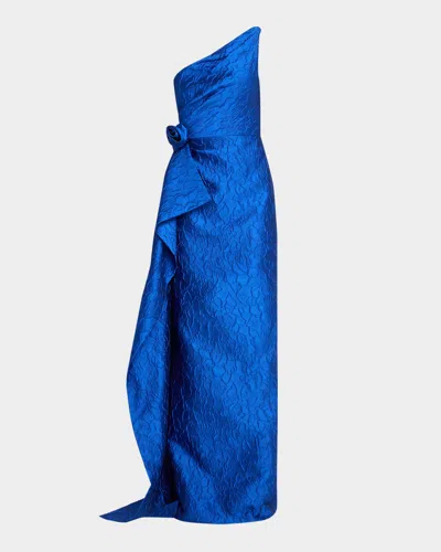 Rickie Freeman For Teri Jon Draped One-shoulder Jacquard Column Gown In Blue