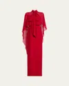 Rickie Freeman For Teri Jon Draped Tie-neck Cape Column Gown In Red