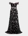 Rickie Freeman For Teri Jon Embroidered Off-shoulder Tulle Gown In Black