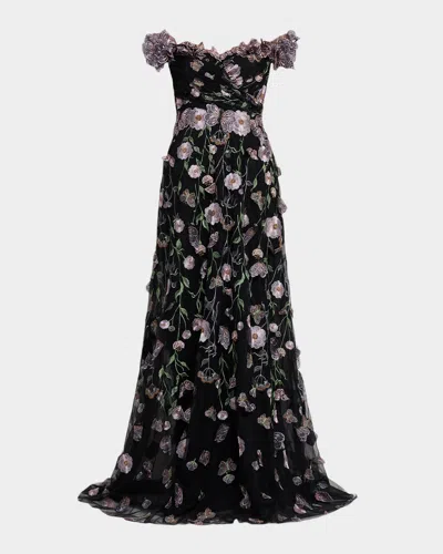 Rickie Freeman For Teri Jon Embroidered Off-shoulder Tulle Gown In Black