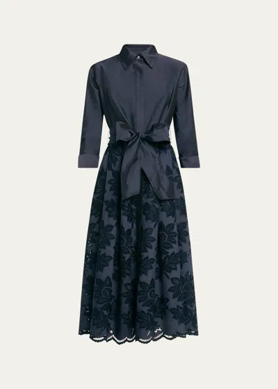 Rickie Freeman For Teri Jon Eyelet Floral-embroidered Midi Shirtdress In Navy