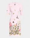 Rickie Freeman For Teri Jon Floral & Butterfly-print Crepe Dress In Pink Multi