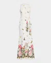 Rickie Freeman For Teri Jon Floral & Butterfly-print Crepe Gown In White Mul