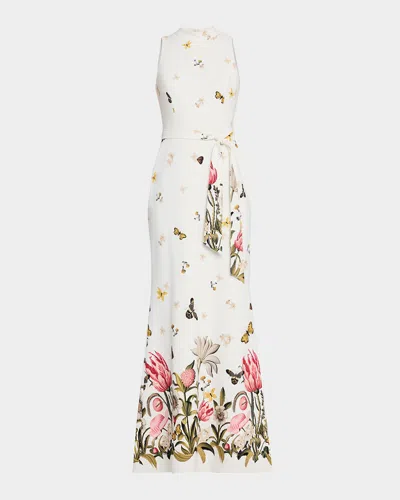 Rickie Freeman For Teri Jon Floral & Butterfly-print Crepe Gown In White Mul
