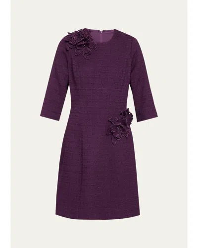 Rickie Freeman For Teri Jon Floral Applique Boucle Dress In Purple