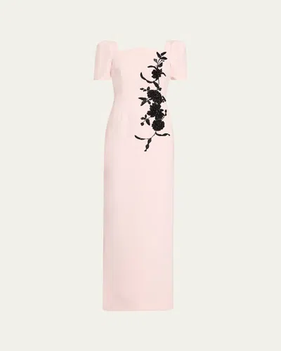 RICKIE FREEMAN FOR TERI JON FLORAL APPLIQUE CREPE COLUMN GOWN