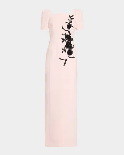 Rickie Freeman For Teri Jon Floral Applique Crepe Column Gown In Pink Black