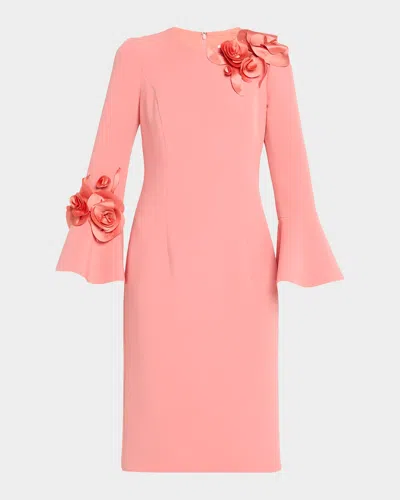 Rickie Freeman For Teri Jon Floral Applique Flare-cuff Crepe Dress In Pink