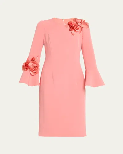 Rickie Freeman For Teri Jon Floral Applique Flare-cuff Crepe Dress In Pink