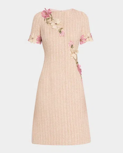 Rickie Freeman For Teri Jon Floral Applique Tweed Dress In Cream Mult