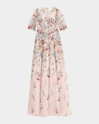 RICKIE FREEMAN FOR TERI JON FLORAL-EMBROIDERED ILLUSION TULLE GOWN