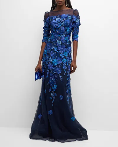 Rickie Freeman For Teri Jon Floral-embroidered Puff-sleeve Tulle Gown In Blue Multi