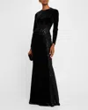 Rickie Freeman For Teri Jon Floral-embroidered Sequin Velvet Gown In Black