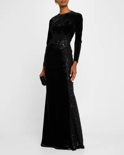 Rickie Freeman For Teri Jon Floral-embroidered Sequin Velvet Gown In Black
