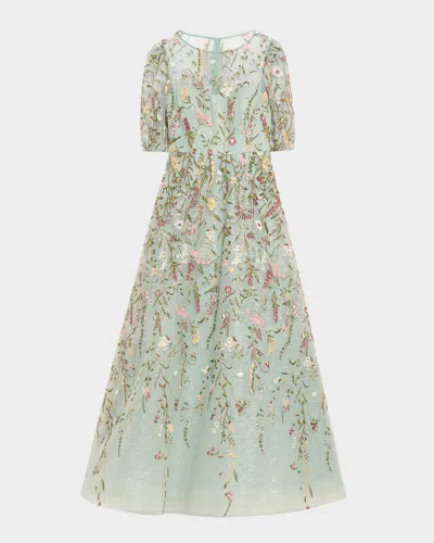 Rickie Freeman For Teri Jon Floral-embroidered Shimmer Mesh Gown In Multi
