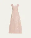 Rickie Freeman For Teri Jon Floral-embroidered Tulle Gown In Dusty Pink Mul