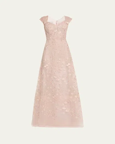 Rickie Freeman For Teri Jon Floral-embroidered Tulle Gown In Dusty Pink Mul