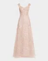 Rickie Freeman For Teri Jon Floral-embroidered Tulle Gown In Dusty Pink Mul